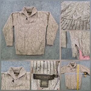 Inis Crafts Sweater Mens Small‎ Beige Merino Wool Shawl Collar Pullover Ireland